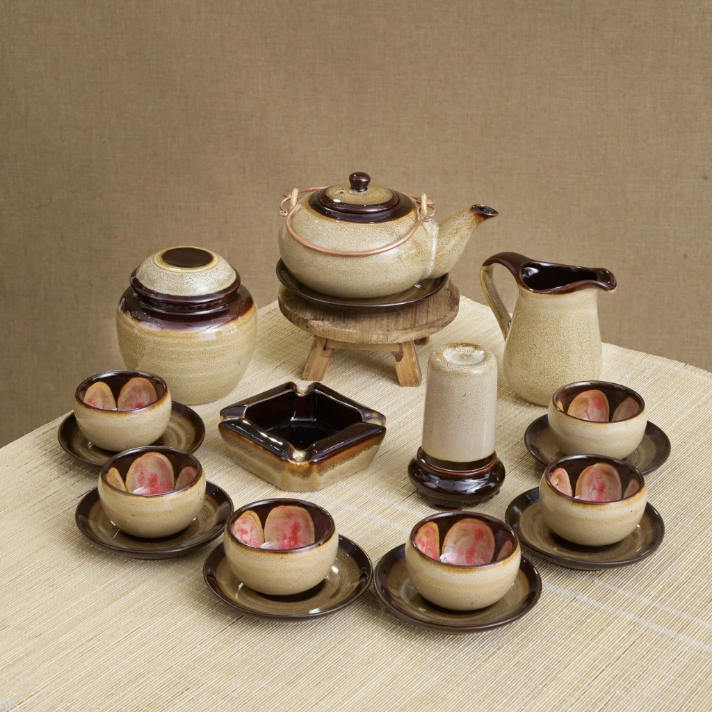 ベトナム バッチャン焼 窯変釉 和モダン 銅ハンドル 高級茶器セット