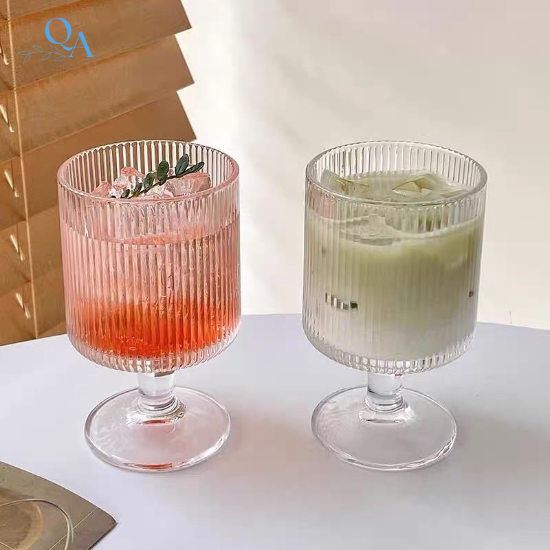 VIETNAM GLASS クリスタルガラス ストライプ模様付き 250ml 高脚グラス ケーキ、スムージー、ジュース、カクテル、コーヒー用
