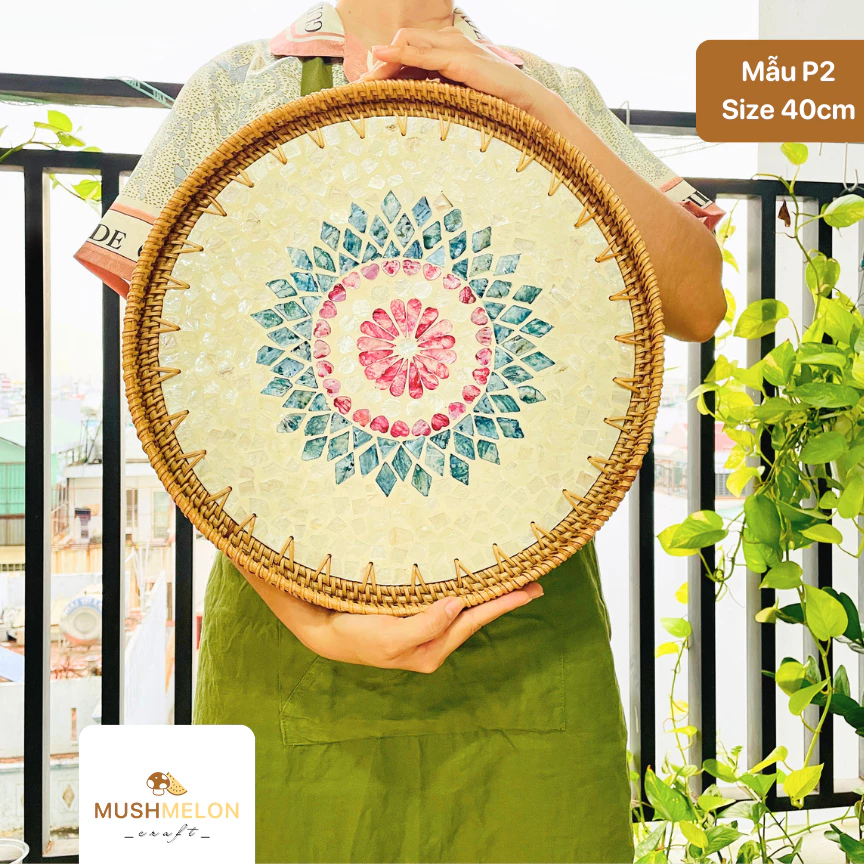 ベトナム伝統工芸 螺鈿細工 藤製丸盆 40cm - 多機能サービングトレイ ギフト