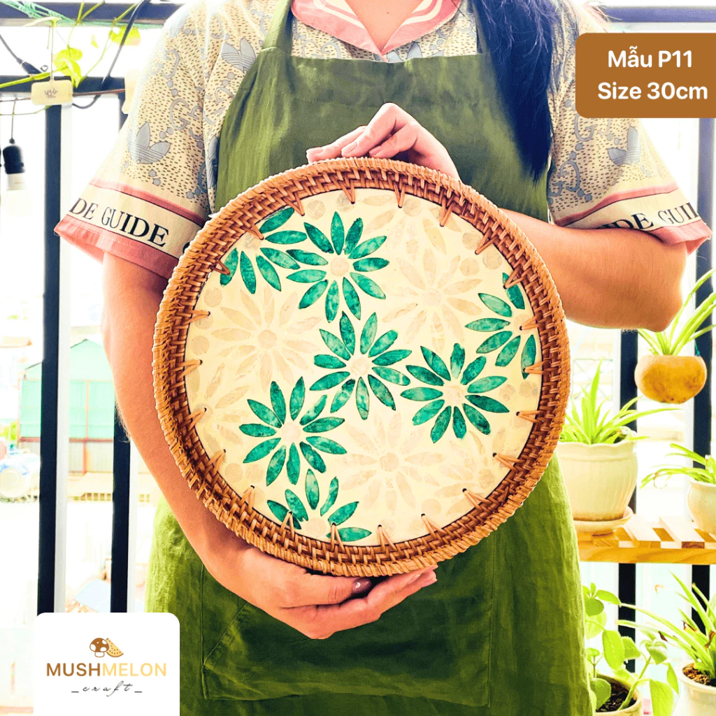 ベトナム高級真珠貝象嵌ラタントレイ 丸型30cm | 手編み工芸品 | ギフト・インテリア装飾に