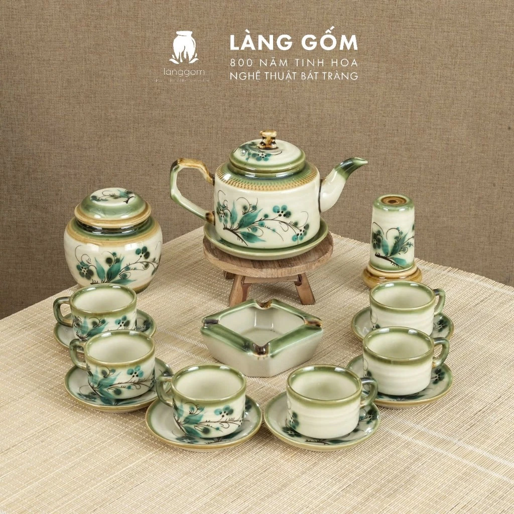 ベトナム伝統バッチャン焼 手描き花柄クロス模様 窯変釉 ティーセット 500ml