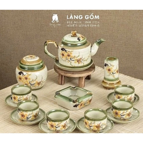 ベトナム伝統バッチャン焼 手描き花柄クロス模様 窯変釉 ティーセット 500ml