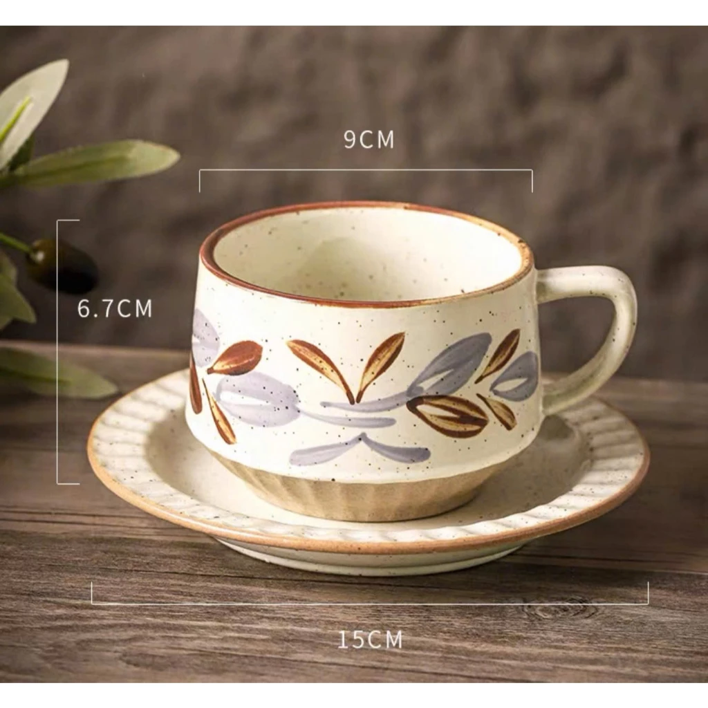 ヴィンテージ和風 花柄陶器 コーヒーカップ＆ソーサー 300ml | 手触りしっかり、おしゃれなデコレーションに (LG0033)