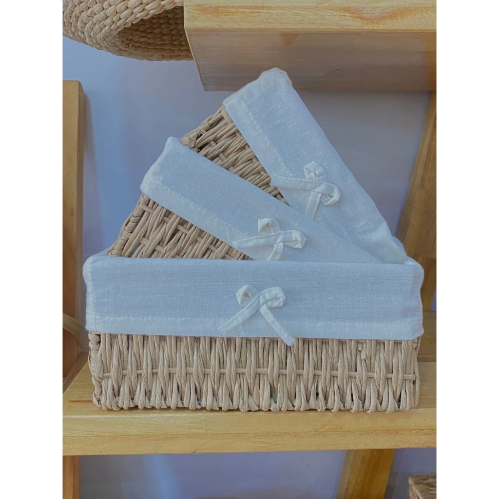 ヴィンテージ風 紙ひも編み収納ボックス (Mサイズ 22x16x12cm) - アクセサリー・コスメ・靴下整理用