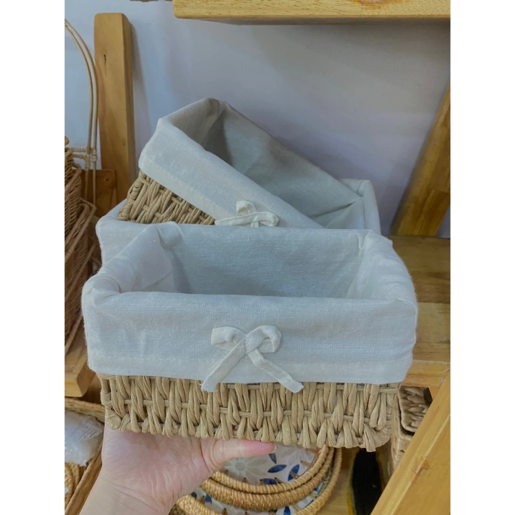 ヴィンテージ風 紙ひも編み収納ボックス Sサイズ (18x12x10cm) - アクセサリー・化粧品・靴下・小物入れ