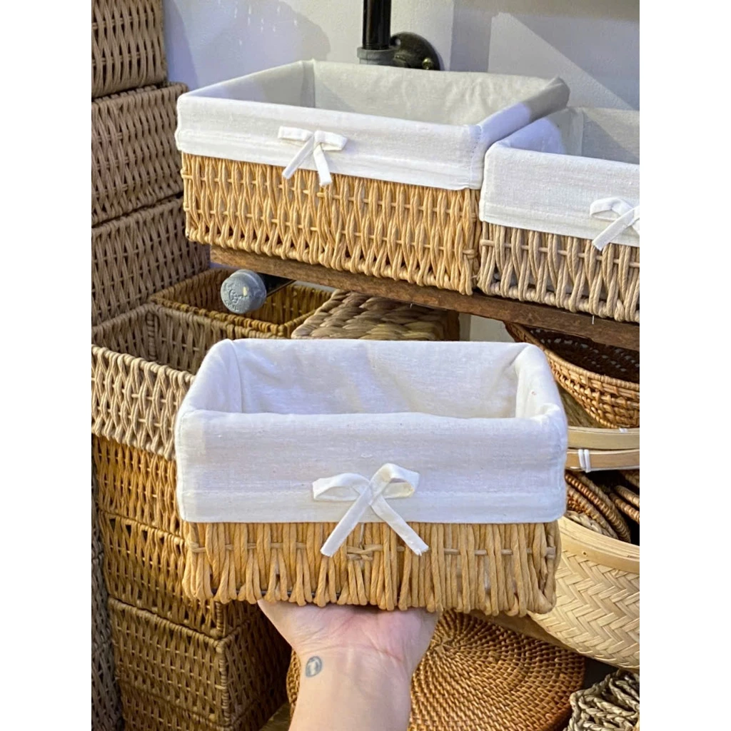 ヴィンテージ風 紙ひも編み収納ボックス Sサイズ (18x12x10cm) - アクセサリー・化粧品・靴下・小物入れ