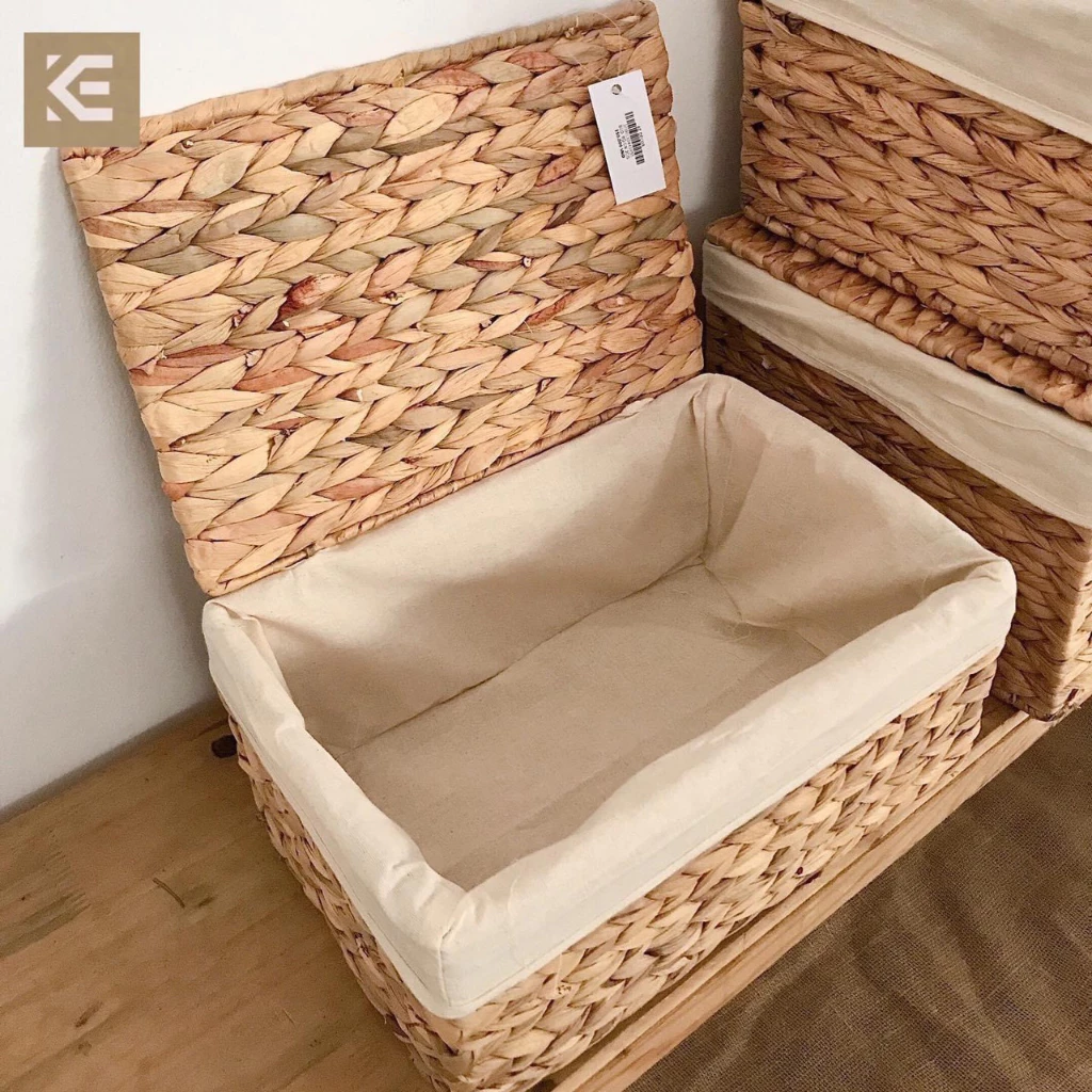 ウォーターヒヤシンス製 多機能キャロ編み収納バスケット Sサイズ 蓋・持ち手付き アイアンフレーム ランドリーバスケット