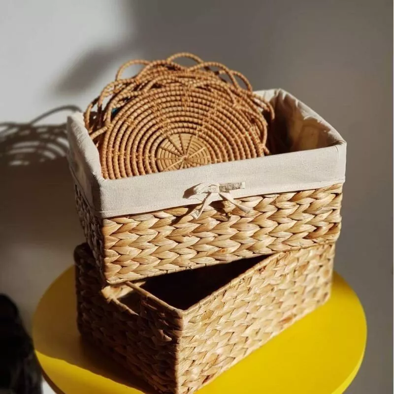 ウォーターヒヤシンス製 多機能収納バスケット Sサイズ (蓋付き/布カバー付き) 33x22x15cm – 防湿・ヴィンテージスタイル ラタン風かご 洗濯かご