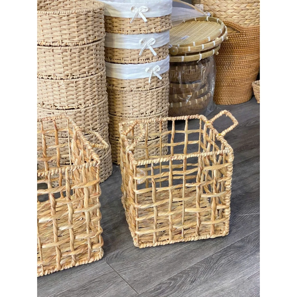 ウォーターヒヤシンス スクエア収納ボックス 25x25x25 チェック柄 - ランドリーバスケット、衣類整理、小物入れ、天然素材インテリア雑貨