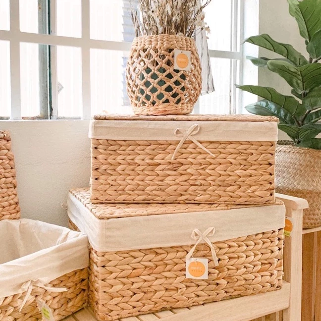 ウォーターヒヤシンス製 収納バスケット 蓋・布付き Lサイズ (44x30x20cm) - 多目的、防湿防カビ、ヴィンテージ風