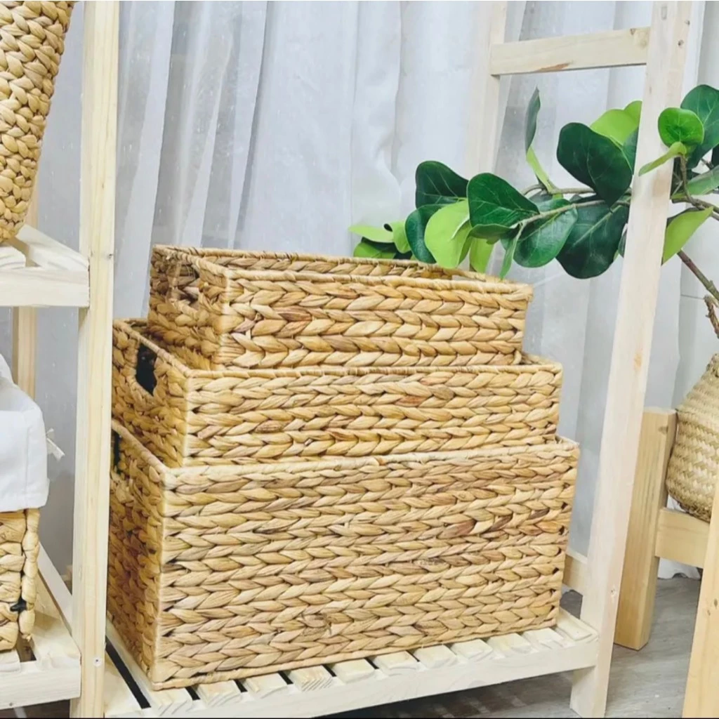 ウォーターヒヤシンス製 収納バスケット 蓋・布付き Lサイズ (44x30x20cm) - 多目的、防湿防カビ、ヴィンテージ風