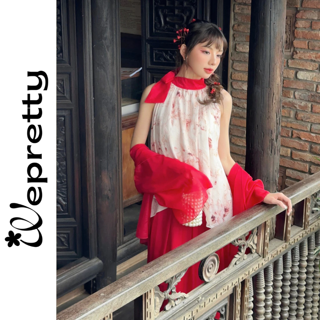 Wepretty『イエン』コレクション - 現代風アオザイ ゆったり花柄 シルク羽織りセット