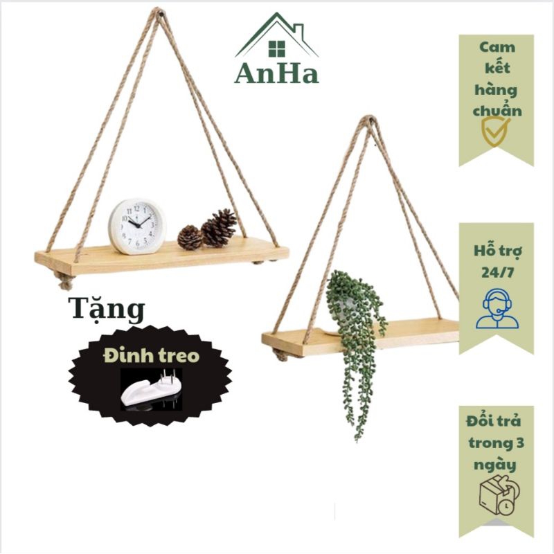 木製壁掛け棚 吊りロープ 釘とロープ付き 30x10cm An Ha Furniture