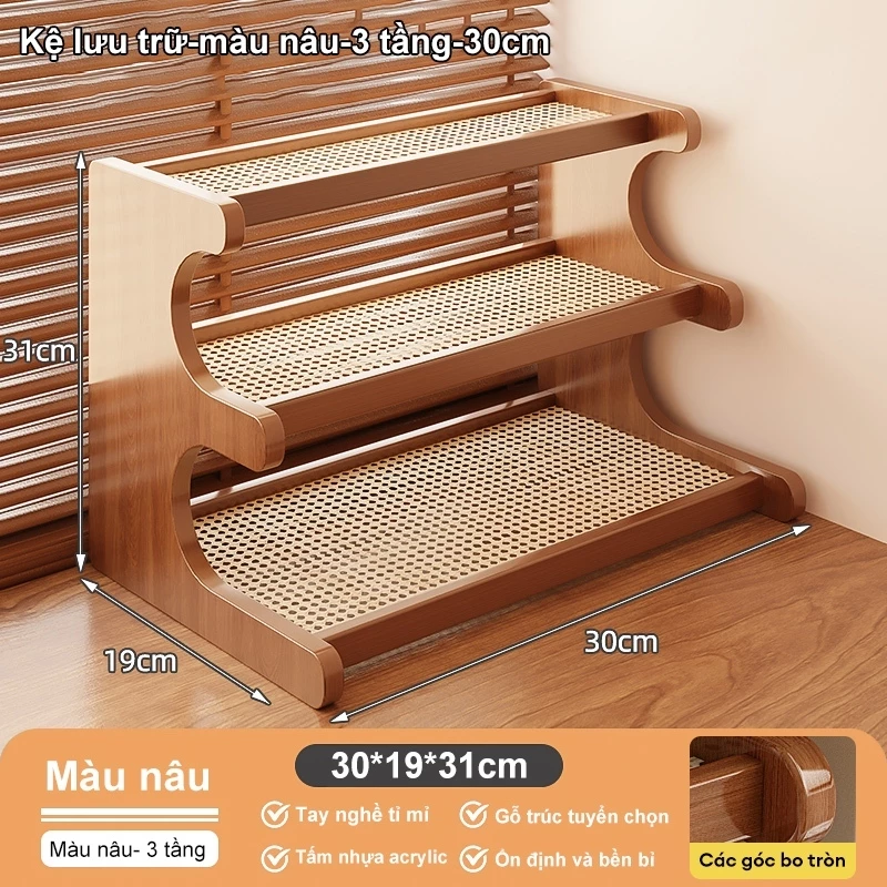 ウッドランド 2段式30cmラタン製多機能収納棚 - 曲線デザインで省スペース、デスクトップを最適化