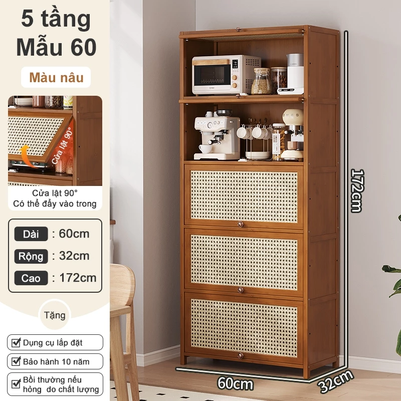 Woodland 天然竹製5段多機能キッチン収納棚 - オープンラック付 (幅60×奥行32×高さ172cm) - 和モダンなシンプルデザイン