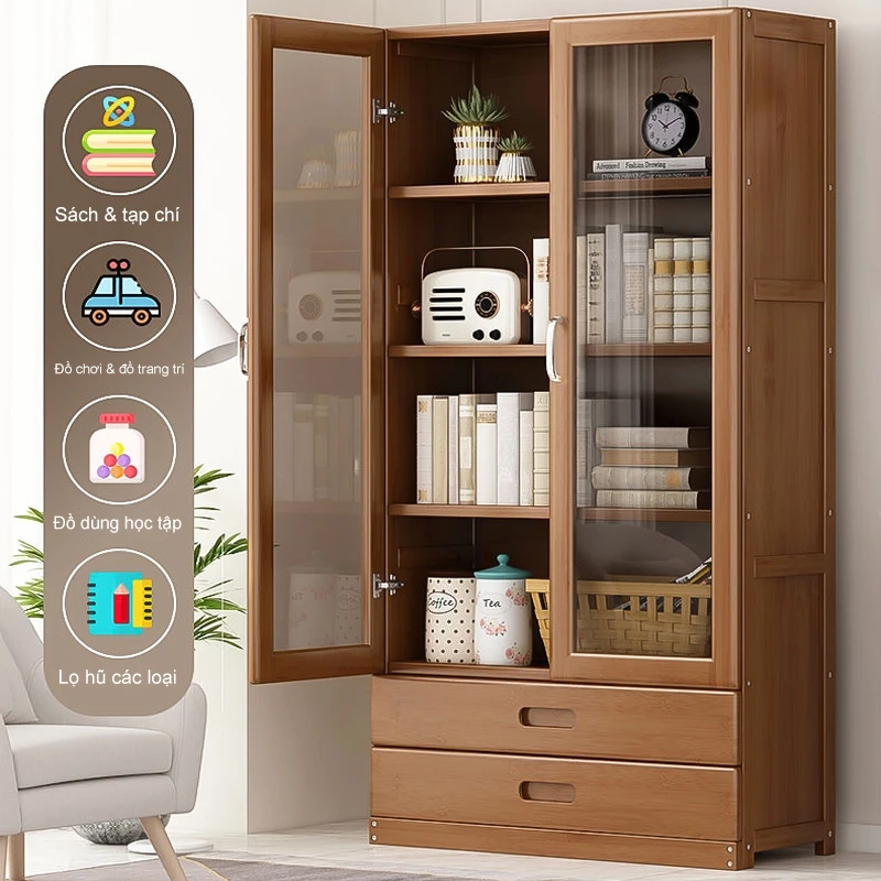 ウッドランド 竹製両開きディスプレイキャビネット 80x30x160cm 引き出し付き多目的収納棚