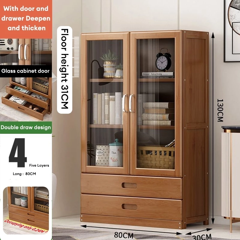 ウッドランド バンブー製 多機能本棚 ディスプレイキャビネット 引き出し付き W80xD30xH130cm