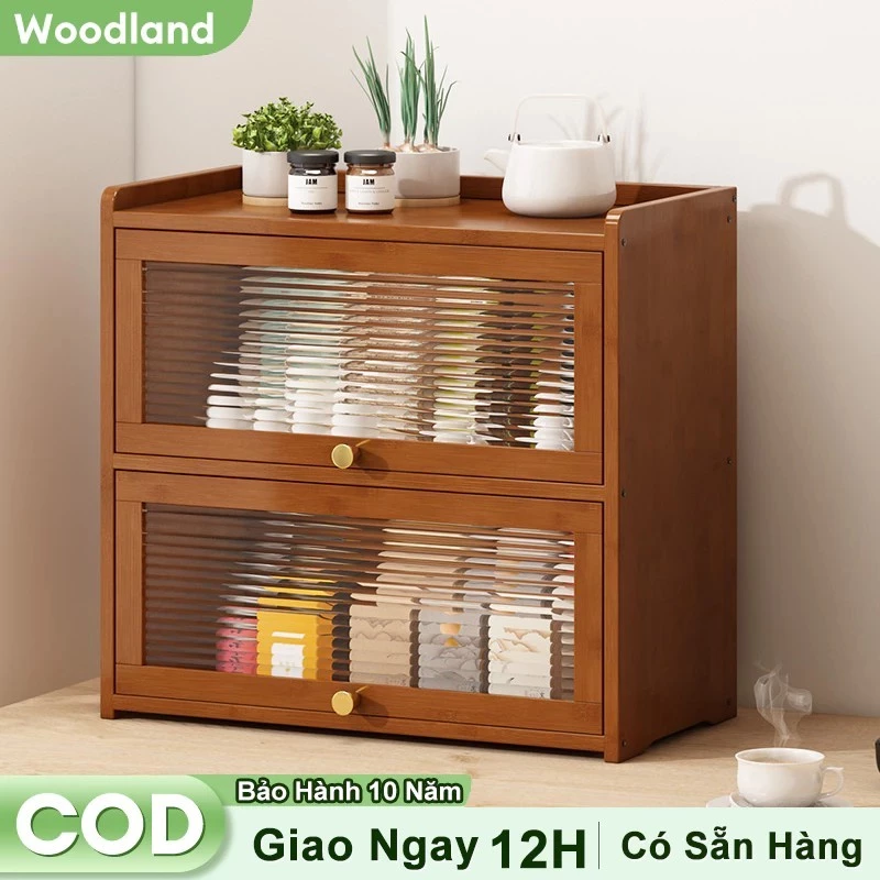 ウッドランド 北欧風ガラス扉竹製収納棚 - 防塵・防湿でティーセットを美しくディスプレイ