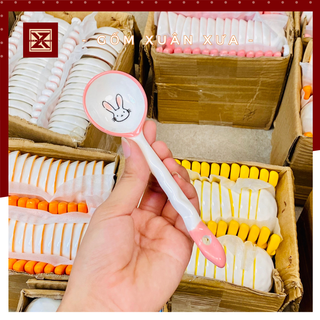 Xuân Xưa セラミック ポーセリンスプーン うさぎ柄 可愛い食器 15cm ゴムスアンスア