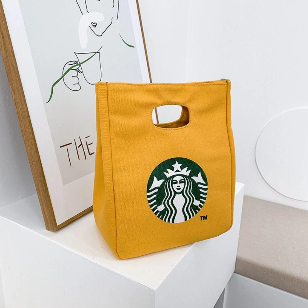 イエロー スターバックスプリント キャンバスショルダーバッグ 韓国スタイル デイリーユースに最適