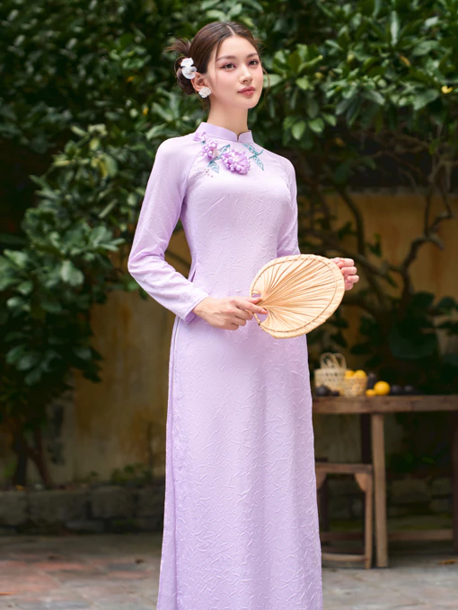 「YOONA」優雅な花柄立ち襟アオザイセット - ベトナム伝統衣装 YT26B124