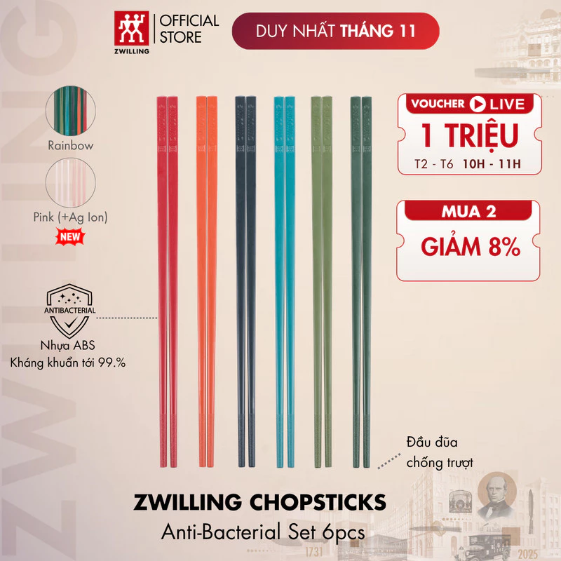 ZWILLING 抗菌ABS樹脂箸 6膳セット - 選べる6色、カビ防止で衛生的！