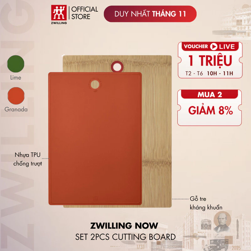 ツヴィリング Now 抗菌まな板2枚セット 天然竹製＆TPU製 (ライムグリーン/グラナダレッド)
