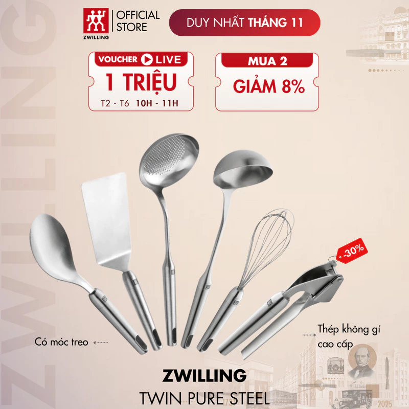 ZWILLING TWIN Pure steel 高品質ステンレス キッチンツールセット (お玉・スプーン・にんにく絞り・泡だて器)