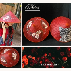 ノンラー ベトナム風傘帽子 赤色 花柄