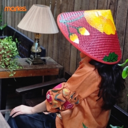 ノンラー ベトナム風傘帽子 赤色&オレンジ色 花柄