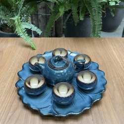 バッチャン焼き(陶器)のティーカップセット(350mlのティーポット、6本のティーカップ、花型トレイ) 花型 BAT TRANG