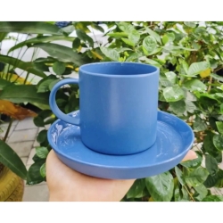 紅茶とコーヒーを飲むためにバッチャン陶器から輸出されたモヘムスタイルのマットエナメルハンドルとソーサー付きセラミックカップ、サイズM、青色