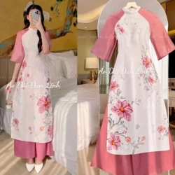 ベトナム衣装 アオダイ ピンクのシルク袖が付いた長袖シャツ 2023年モデル Ao Dai Dan Linh