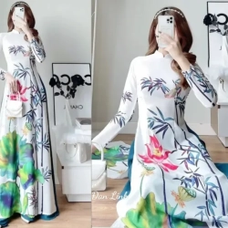 ベトナム衣装 アオザイ 3Dプリントの蓮の花模様が付いた白いドレス Giian