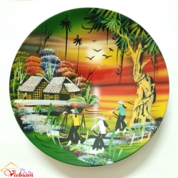 ベトナム雑貨 ソンマイ(漆塗り)の皿 20cm 田舎村の風景