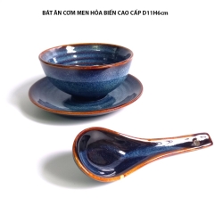 バッチャン焼き(陶器)のボウル、プレート、スプーンセット(直径11cm、高さ6cm)  OANH GIA AUTHENTIC BAT TRANG